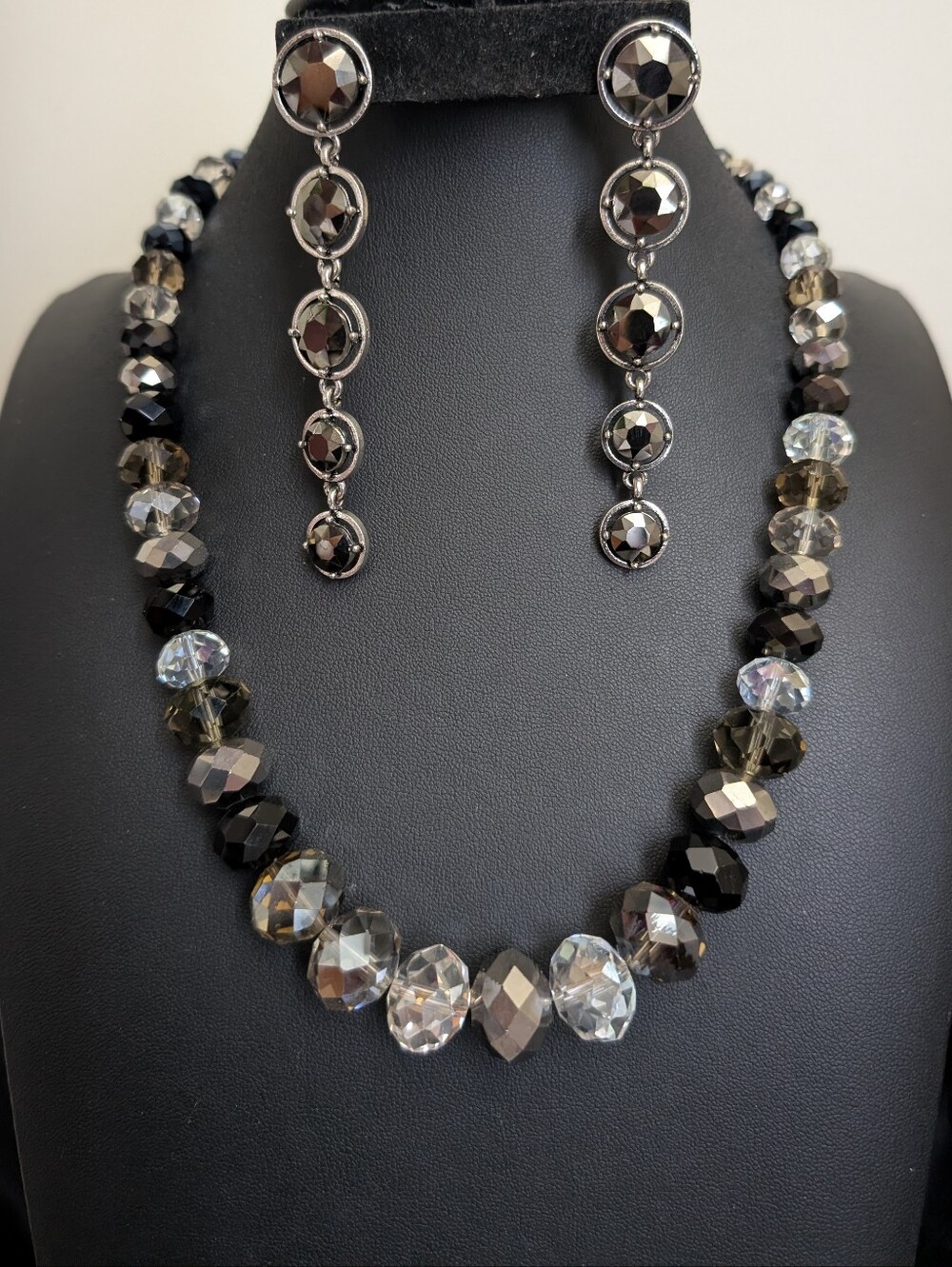 #59. Czech Crystal Black & Clear  Necklace & Glass Earrings